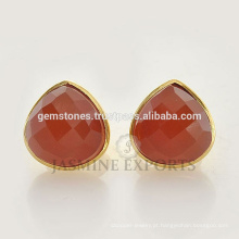 Handcrafted Gold Vermeil 925 Sterling Silver Pear Fanta Calcedonia Gemstone Stud Earrings